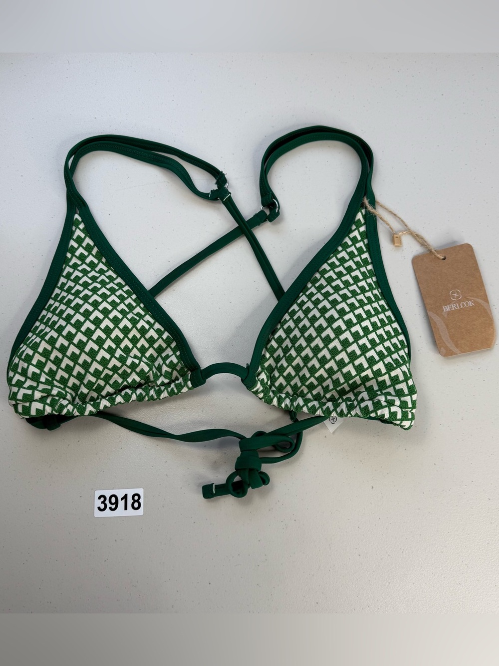 Berlook Medium Green Geometric Strappy Textured Bikini Top New